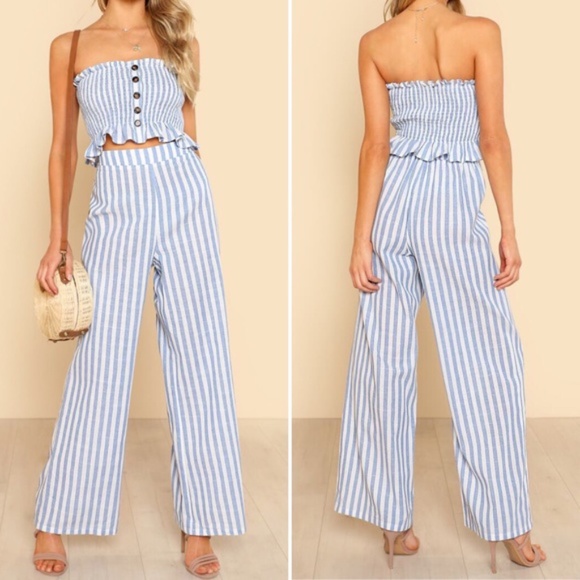 NWOT SHEIN Shirred Ruffle Hem Strapless Top & Pants Set - Picture 1 of 15